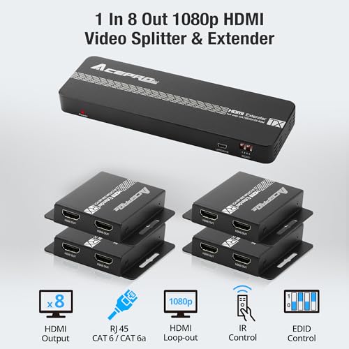 1080P 1x8 (4 Receivers) HDMI Splitter Over Cat6 Extender | up to 164 Feet (50 Meters) for 8 Monitors and 1 Loop-out Monitor (1 In 8 Out), IR Control and EDID Function - size: 1x8