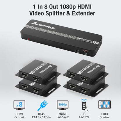 1080P 1x8 (4 Receivers) HDMI Splitter Over Cat6 Extender | up to 164 Feet (50 Meters) for 8 Monitors and 1 Loop-out Monitor (1 In 8 Out), IR Control and EDID Function - size: 1x8