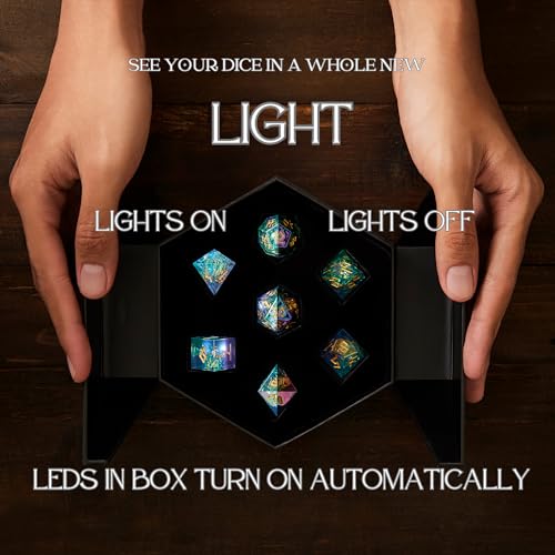 Iridescent DND Dice Set with Glowing LED Display Box – Sharp Edge Polyhedral Dice with Mesmerizing Finish | Bonus Stickers Included | Dungeons and Dragons (TTRPG) Dice Set - color: (Non-liquid Core) Iridescent - Frostwake