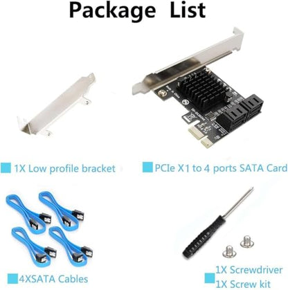 SATA Card PCIE 3.0, 4 Port with 4 Cables, Controller Expansion Card with Low Profile Bracket, Non-Raid, Boot as System Disk, Support 4 SATA 3.0 Devices