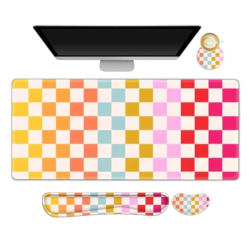 Large Gaming Mouse Pad Set, 4 in 1 Ergonomics Keyboard Desk Mat with Memory Foam Wrist Rest, Computer PC Extended Game Mousepad, Non-Slip Desk Matt Easy Typing Pain Relief I Colorful Checkered - color: Colorful Checkered