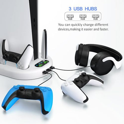 Gaming Console Vertical Stand with Dual Fast Charging Station & 3-Level Cooling Fan for PS5 Slim Digital & Disc Versions