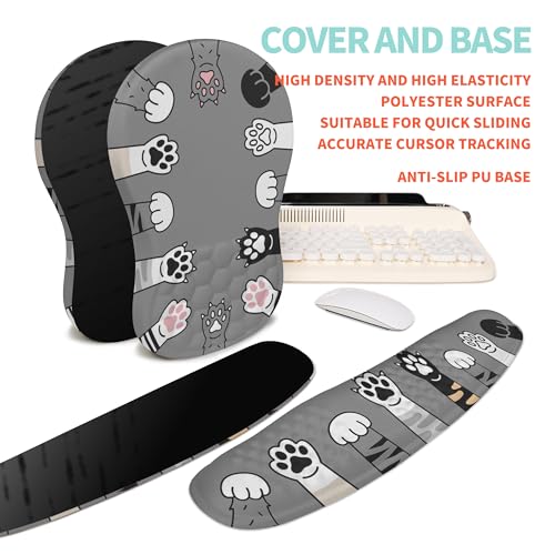 2-in-1 Ergonomic Set, Wave Rise Keyboard Wrist Rest and Massage Bulge Slope Mouse Pad Wrist Support, Cushion Memory Foam Integrated to Relieve Wrist Pain, Cute Cat Paws - color: Cute Cat Paws