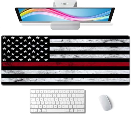 Thin Red Line with USA Flag Large Gaming Mouse Pad for Desk, Desk Mat with Seamed Edges, Waterproof Desk Pad, Non-Slip Rubber Base, 31.5x11.8 Inch Keyboard Pad Computer Mat, Big XL Mousepad - color: Thin Red Line With Usa Flag