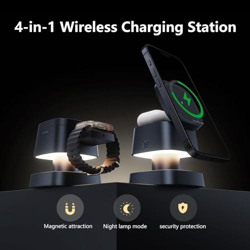 2026 Upgraded 4 in 1 Wireless Charger, 3 in 1 Wireless Charging Station with Night Light for MagSafe Charger, 15W Magnetic Travel Stand for iPhone17/Air/Pro/Max/16/15/14, Apple Watch, Airpods (Black) - color: black