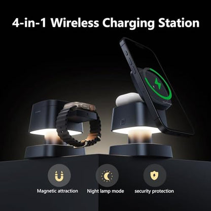 2026 Upgraded 4 in 1 Wireless Charger, 3 in 1 Wireless Charging Station with Night Light for MagSafe Charger, 15W Magnetic Travel Stand for iPhone17/Air/Pro/Max/16/15/14, Apple Watch, Airpods (Black) - color: black
