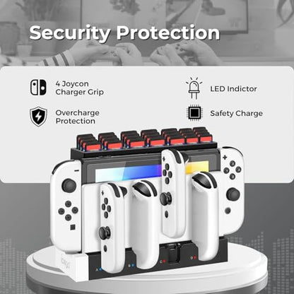 TNP Joy-Con Charging Dock for Nintendo Switch Controllers, 4-Port, Green | Switch Controller Charger and Organizer with 28 Game-Card Slots, Led Charge Indicators, Oled Dock Fit, and Extra Usb Port