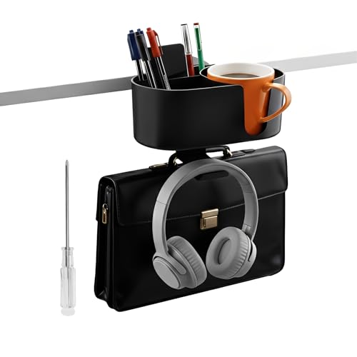 4-in-1 Desk Organizer Cup Holder Clamp-on Under Desk Office Home Storage | Carbon steel hook holds 11lb.Detachable storage box.Frees up desk space.Holds cup/headset/bag/phone/pen/stationery.No tools.