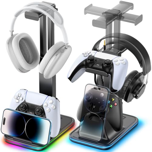 Gaming Headset & Controller Stand, Rotating Headphone Storage with 2 Controllers & Phone Holder, 9 RGB Modes Game Desk Storage for PS5/PS4/XBOX PC Gamer Essentials Organizer Gift Accessories - size: M-Black-RGB