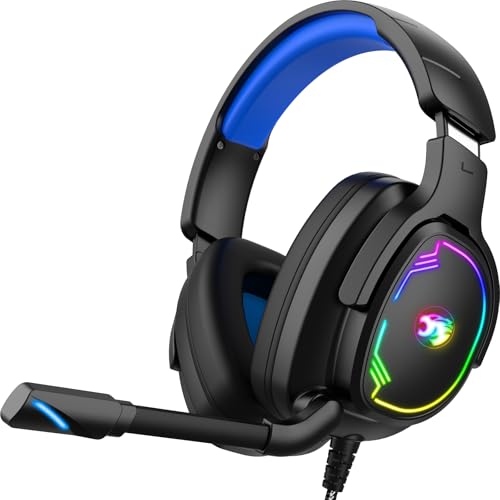 Jimonyer Gaming Headset for PS5 PS4 Xbox Series X|S PC Switch, 7.1 Surround Sound Over Ear Headphones with Noise Canceling Mic, RGB LED Light, Soft Memory Earmuffs Headset for Gaming or Work (Blue) - color: Blue