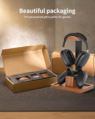Headphone Stand and Controller Holder, 2-in-1 Walnut Wood Gaming Desk Organizer Compatible with Controllers, Display Mount for AirPods Max, Bose, Sennheiser, Gift for Gamers