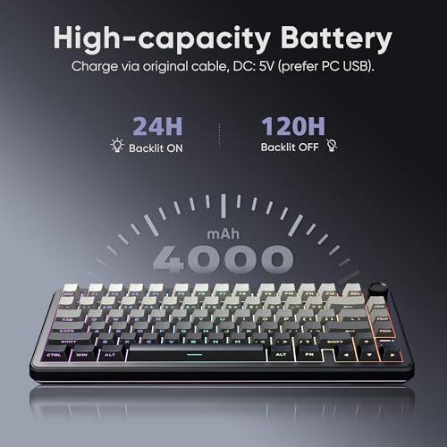 RedThunder K75 Wireless Mechanical Gaming Keyboard, 75% Hot Swappable Creamy Keyboard with Knob, RGB Backlit, Pre-lubed Linear Switches, Side Engraved PBT Keycaps, Wireless/Wired/BT5.0, Gradient Gray - color: Gradient Gray
