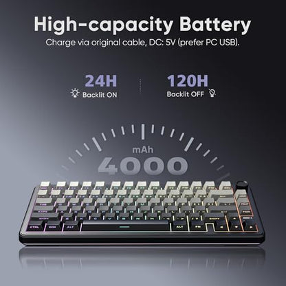 RedThunder K75 Wireless Mechanical Gaming Keyboard, 75% Hot Swappable Creamy Keyboard with Knob, RGB Backlit, Pre-lubed Linear Switches, Side Engraved PBT Keycaps, Wireless/Wired/BT5.0, Gradient Gray - color: Gradient Gray