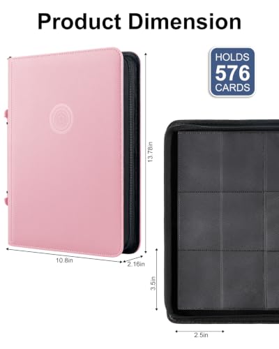 GEAoffice 9 Pocket Trading Card Binder, Holds 576 Cards, Premium PU Zip Card Binder with Handle, Side-Loading Pockets, Fits TCG, MTG, Sports Cards & Sleeved Cards (Pink) - color: Pink
