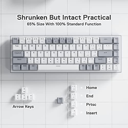 Redragon K631 Gery 65% Wired RGB Gaming Keyboard, 68 Keys Compact Mechanical Keyboard w/100% Hot-Swap Socket, Free-Mod Plate Mounted PCB & Dedicated Arrow Keys, Quiet Red Switch - color: White & Grey 65% Wired