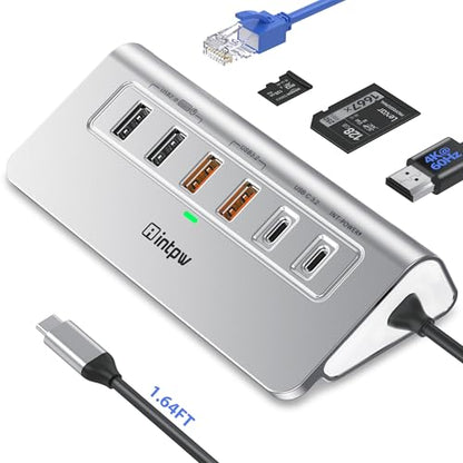 intpw 10-in-1 USB C Hub with Ethernet, 4K@60Hz HDMI, 10Gbps USB-C/USB-A, PD 100W, SD/TF, P9R PRO Docking Station for MacBook Pro/Air M1-M5, iPhone 17/16/15, iPad Pro, Windows - color: Silver Grey, size: 1.64ft