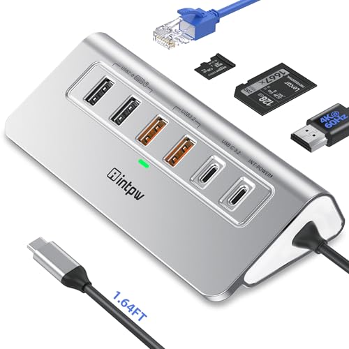 intpw 10-in-1 USB C Hub with Ethernet, 4K@60Hz HDMI, 10Gbps USB-C/USB-A, PD 100W, SD/TF, P9R PRO Docking Station for MacBook Pro/Air M1-M5, iPhone 17/16/15, iPad Pro, Windows - color: Silver Grey, size: 1.64ft