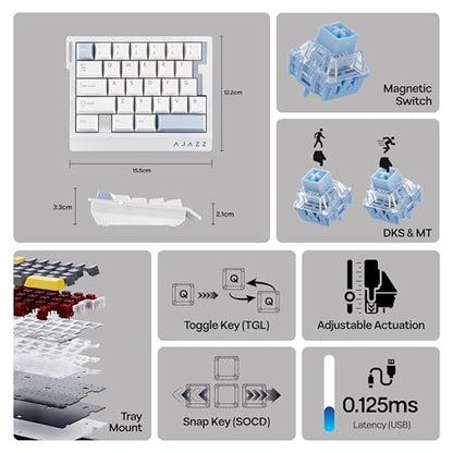 MechLands AJAZZ AK029 One Handed Gaming Keyboard, 8Khz Polling, 29 Keys Rapid Fast Wired Keyboard, SOCD & DKS, Magnetic Switch, Adjustable Actuation, RGB Backlits, Aluminum Plate (White Blue) - color: White Blue