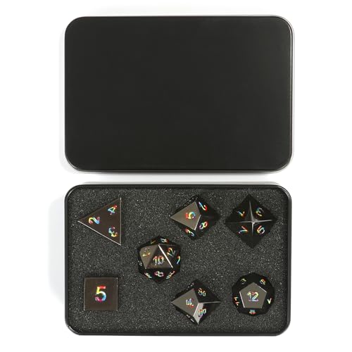 Rainbow Numbers Metal Dice Set 7PCS for DND RPG Tabletop Gaming | Solid zinc alloy build with 150g weight for balanced rolls(Black with Iridescent Number) - color: Black With Iridescent Number