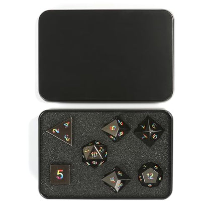 Rainbow Numbers Metal Dice Set 7PCS for DND RPG Tabletop Gaming | Solid zinc alloy build with 150g weight for balanced rolls(Black with Iridescent Number) - color: Black With Iridescent Number