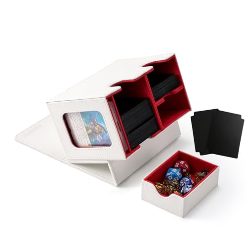 Venssu MTG Deck Box for Commander Display with Dice Tray (White＆Red) | Holds 200 Single/160 Double-Sleeved Cards, Fit MTG/PTCG/OPTCG Cards, Strong Magnet, With 2 Dividers & 1 Magnetic Card Holder - color: White＆Red
