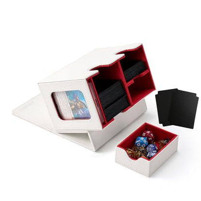 Venssu MTG Deck Box for Commander Display with Dice Tray (White＆Red) | Holds 200 Single/160 Double-Sleeved Cards, Fit MTG/PTCG/OPTCG Cards, Strong Magnet, With 2 Dividers & 1 Magnetic Card Holder - color: White＆Red