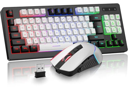 BlueFinger Wireless Gaming Keyboard and Mouse Combo, RGB Rainbow Backlit Rechargeable Battery, 87 Keys TKL Light Up Keyboard with Ergonomic Gaming Mouse for Mac Laptop Computer PC Gamer(Black & White) - color: Black & White
