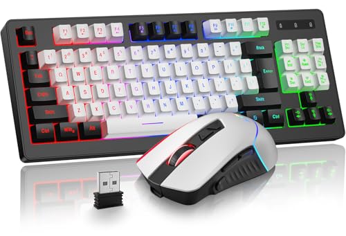 BlueFinger Wireless Gaming Keyboard and Mouse Combo, RGB Rainbow Backlit Rechargeable Battery, 87 Keys TKL Light Up Keyboard with Ergonomic Gaming Mouse for Mac Laptop Computer PC Gamer(Black & White) - color: Black & White
