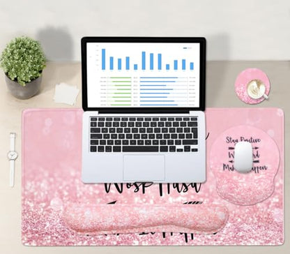 4-in-1 Gaming Mouse Pad Wrist Support Set，Desk Pad + Mouse Pad with Wrist Rest + Keyboard Wrist Rest + Coaster, Ergonomic Design for Home Office Study Game - Pink Stay Positive - color: 4 Pcs Pink Stay Positive
