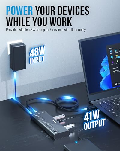 SABRENT 7-Port USB-C Hub, 48W Powered, 5Gbps, 3 USB-A + 4 USB-C (HB-3A4C) | 20W PD; LED status; aluminum body; power switches; for Mac, PC, Steam Deck, ROG Ally - size: 7-Port - 3 USB-A + 4 USB-C