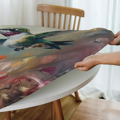 Famame Oil Painting Hummingbird Round Fitted Tablecloth with Elastic Protector Table Kitchen Dinner Waterproof Oil-Proof Table Covers Fits 40"-44", Small - color: Hummingbird, size: 2" (Round)