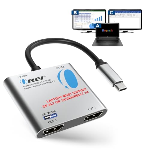 OREI SplitExtend HDMI Splitter Extended Display for Windows Only Dual Monitor - Multi-Monitor Display 3 Separate Screens - USB-C Adapter to HDMI 2.0, 4K@30Hz Outputs - 100W PD and USB 2.0 Input | OREI SplitExtend HDMI Splitter Extended Display for Windows