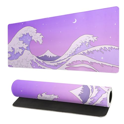 Purple Japanese Sea Wave Gaming Mouse Pad - Large Desk Mat with Non-Slip Base and Stitched Edge for Gaming and Office - 31.5x11.8 Inch - color: Purple Japanese Sea Wave