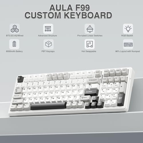 AULA F99 Wireless Mechanical Keyboard,Tri-Mode BT5.0/2.4GHz/USB-C Hot Swappable Custom Keyboard,Pre-lubed Linear Switches,RGB Backlit Computer Gaming Keyboards for PC/Tablet/PS/Xbox - color: Black&Grey&White