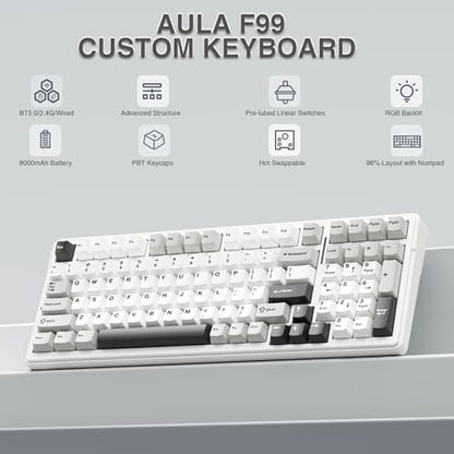 AULA F99 Wireless Mechanical Keyboard,Tri-Mode BT5.0/2.4GHz/USB-C Hot Swappable Custom Keyboard,Pre-lubed Linear Switches,RGB Backlit Computer Gaming Keyboards for PC/Tablet/PS/Xbox - color: Black&Grey&White
