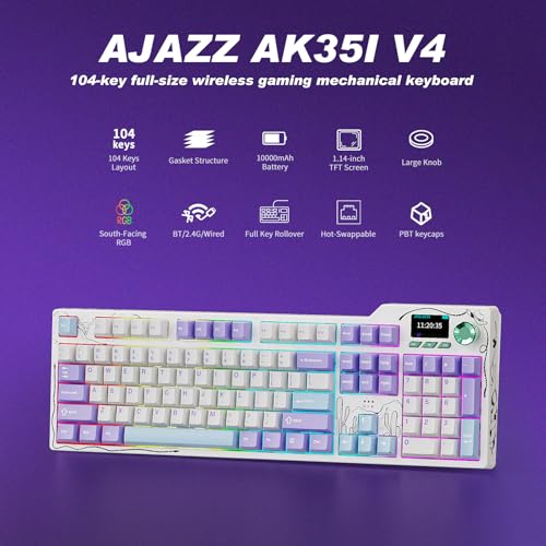 Ajazz AK35I V4 Full Size Wireless Mechanical Keyboard with 1.14" Color Screen & Knob, Tri-Mode Gasket Hot Swappable Gaming Keyboard, 10000mAh Battery, RGB, Purple - color: Purple White