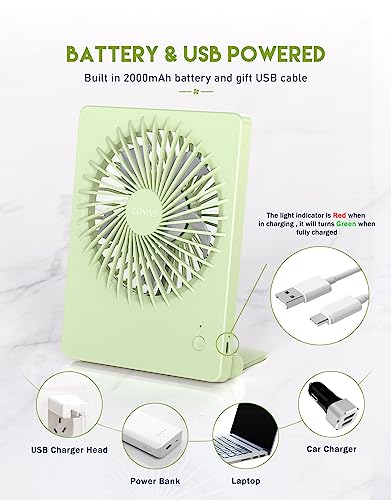 Zuvas Desk Fan Small Rechargeable Battery Table Fans for travel Ultra Quiet | 180° Tilt Folding, LED Dislay, Portable Fan Slim Design, 3 Speed Adjustable, for Office Bedroom Desktop, Cruise Essentials - color: Light Green