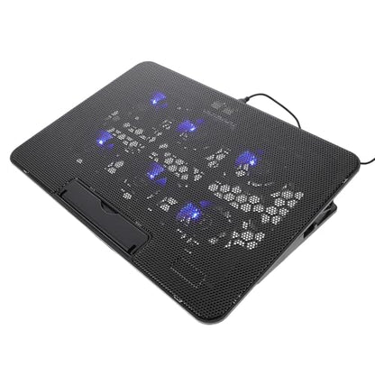 Kisangel Laptop Cooling Pad, 6 Fan Silent Cooler Stand for 15.6 in Notebook | Features blue LED lights, USB powered cooler stand with ergonomic, adjustable height, gaming, office, 14.1 x 10 inches