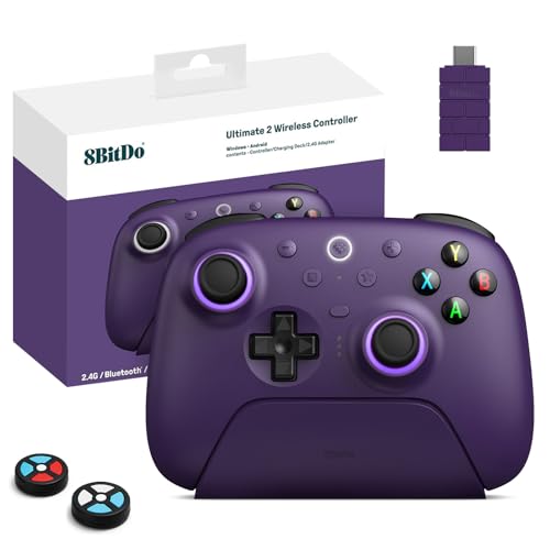 8Bitdo Ultimate 2 Wireless 2.4G Controller (Purple) | For Windows PC, Apple, Steam & Android, TMR Joystick, Star-Ring RGB Lights, Adjustable Trigger Locks, Charging Dock Included - color: Purple