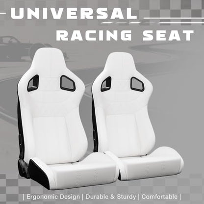 2 Pcs Adjustable Universal Racing Seats with Double Sliders, Reclinable Bucket Seats, 1 Pair of Sport Seats for Vehicles (White) - color: White