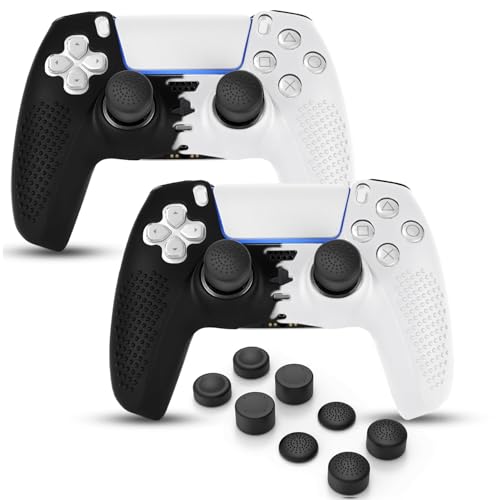 PS5 Controller Skin, Anti-Slip Soft Silicone Protective Cover Case for PlayStation 5 Controller Grip Accessories, 2 Pack with 8 x Thumb Grip Caps (Black Mix White) - color: Black Mix White