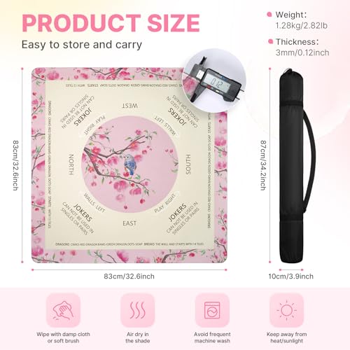 DEVPNR Mahjong Mat for Table with Black Carrying Bag, 32.6"x32.6", Pink | Non-Slip Table Cover, Noise-Reducing, with Rules, Easy Storage, for American Mahjong, Poker, Card & Board Games - color: Pink