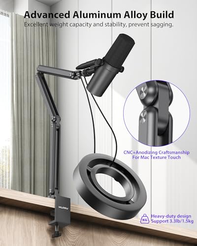 KU XIU Aluminum Alloy Boom Arm Microphone Stand for Desk, Three-Section Adjustable Mic Arm Mount with Cable Management Channels for Desktop Podcasting, Recording, Streaming, Gaming, Home Office-Gray