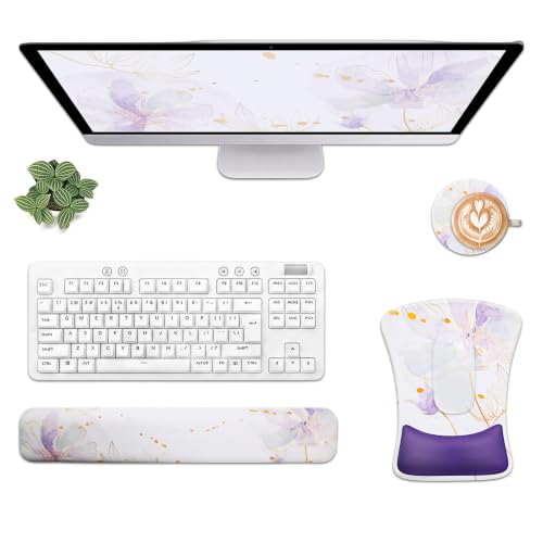 Mouse Pad with Wrist Rest and Keyboard Wrist Rest Set of 3, Gel Ergonomic Support, Non-Slip PU Base, Watercolor Floral Desk Accessories for Women Home Office-HUADO - color: Purple Floral