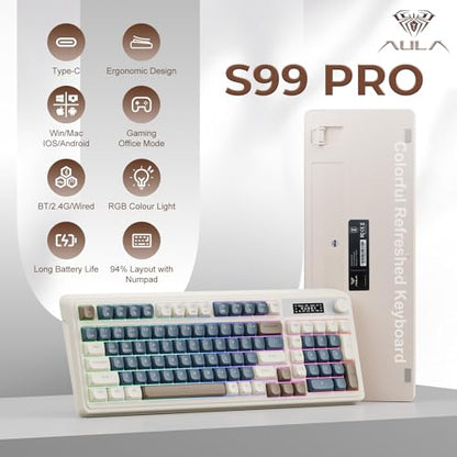 AULA S99 Pro Wireless Keyboard, Gaming Keyboards Media Knob Custom RGB Backlit, 3-Modes BT/2.4G/USB-C Membrane Cute Creamy Keyboard for Windows/MAC/PC Gamer - Blue White - color: Blue White