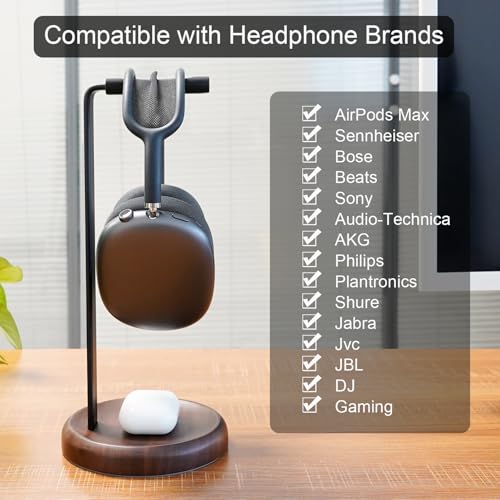 GEVO Headphone Stand for Desk - Walnut Wood & Aluminum Headset Stand, Universal Wooden Gaming Headphone Holder for AirPod Max, Bose, Sony, Razer, Jabra, JBL (Walnut Circular Base)