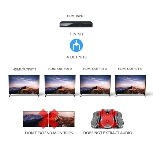 OREI HDMI Splitter 1 in 4 Out – 4K@60Hz HDMI 2.0 Splitter with HDCP 2.2, EDID Management, and LPCM/Dolby/DTS Audio Support – Compact Plug & Play Design | OREI HDMI Splitter 1 in 4 Out – Up to 4K@60Hz HDMI 2.0 Splitter with HDCP 2.2 With EDID Management, L