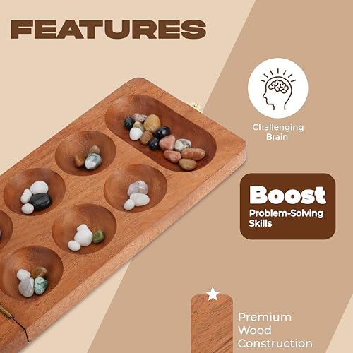 Ajuny Wooden Mancala Board Game Folding Travel Set with 80 Marbles 2 Player | Classic Counting Strategy Activity for Kids Adults Families Portable Entertainment Educational Tabletop Indoor Fun Night Play - size: 9.5 Inch