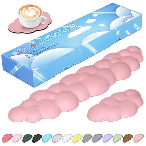 JIKIOU Upgrade Leather Cloud Wrist Rest for Keyboard and Mouse & Cup Pad | Wish Gift-Cute Cloud Shape, Comfortable and don’t Irritate to Skin, Non-Slip PU Base,Soft Memory Foam filled for Pain Relief - color: 05pink