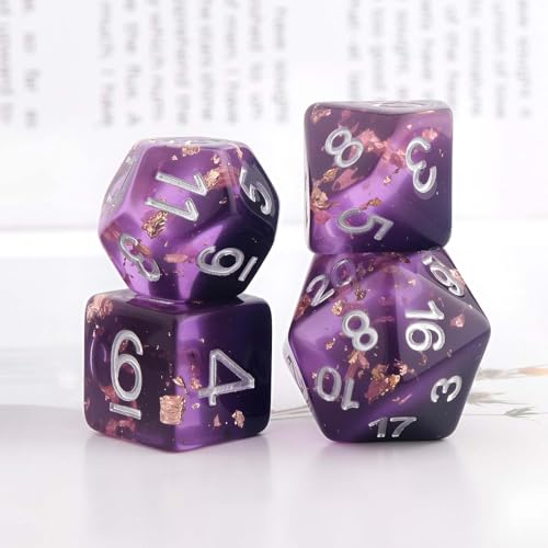 Haxtec DND Dice Set 7PCS Polyhedral D&D Dice for Roleplaying Games, Purple Black Gold Foil Resin Dice with Velvet Pouch for Dungeons and Dragons, Great DND Gift for Gamers & DM Masters - color: Purple Black